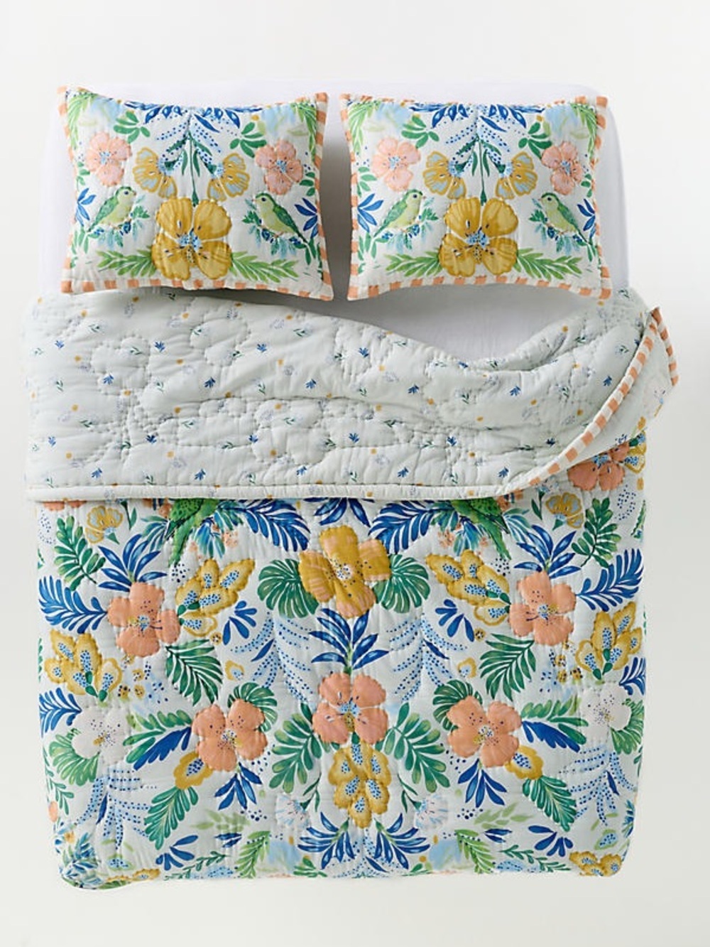 Anthropologie Ellen Merchant Yellow Bird Floral Parrot Quilted Queen Comforter